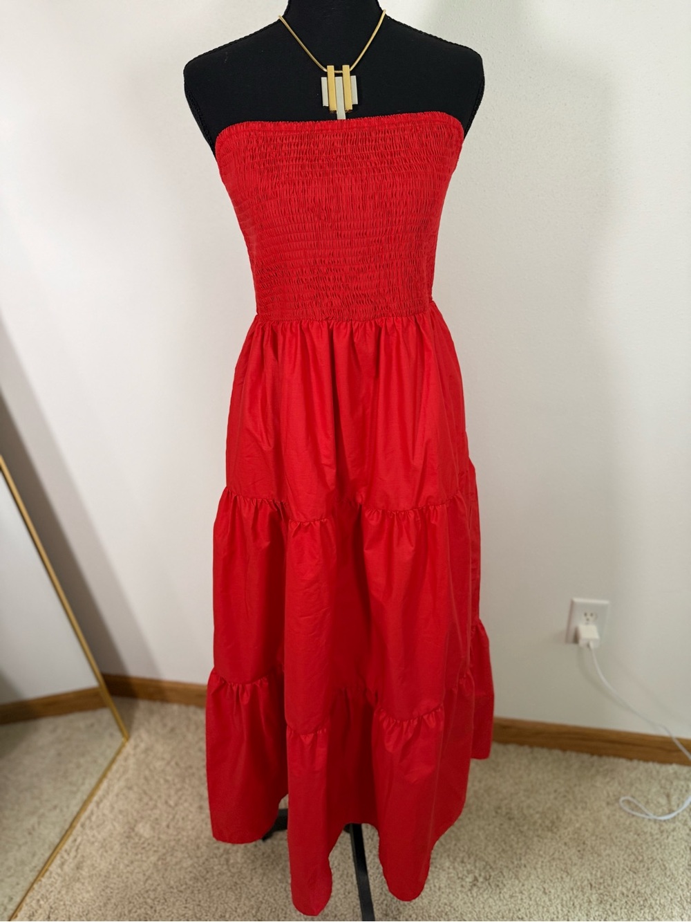 NWT Lillusory Red Smocked Strapless Midi Dress Tiered Size L